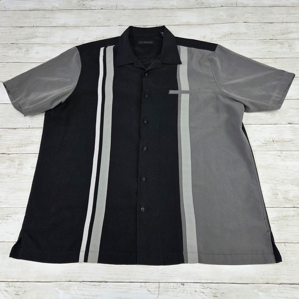 Via Europa Bowling Shirt Mens XL Black Grey Striped Colorblock Retro Camp Collar